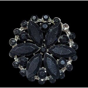 Vintage Gothic Floral Black And Silver Tone Gemmed Brooch